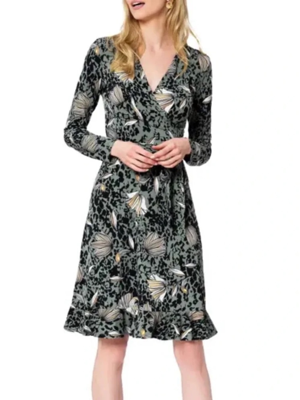 Leota Perfect Wrap Ruffle Hem Dress Sz M Floral Animal Print NWT Chic